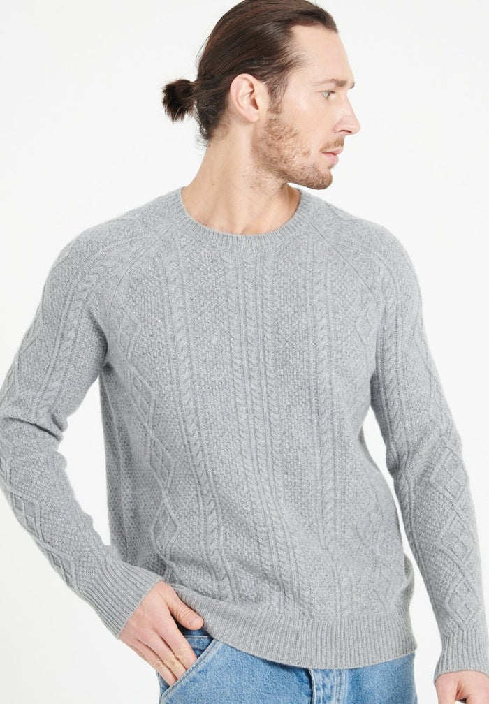 ZACH 1 Pull col rond en cachemire à mailles torsadées 6 fils gris clair