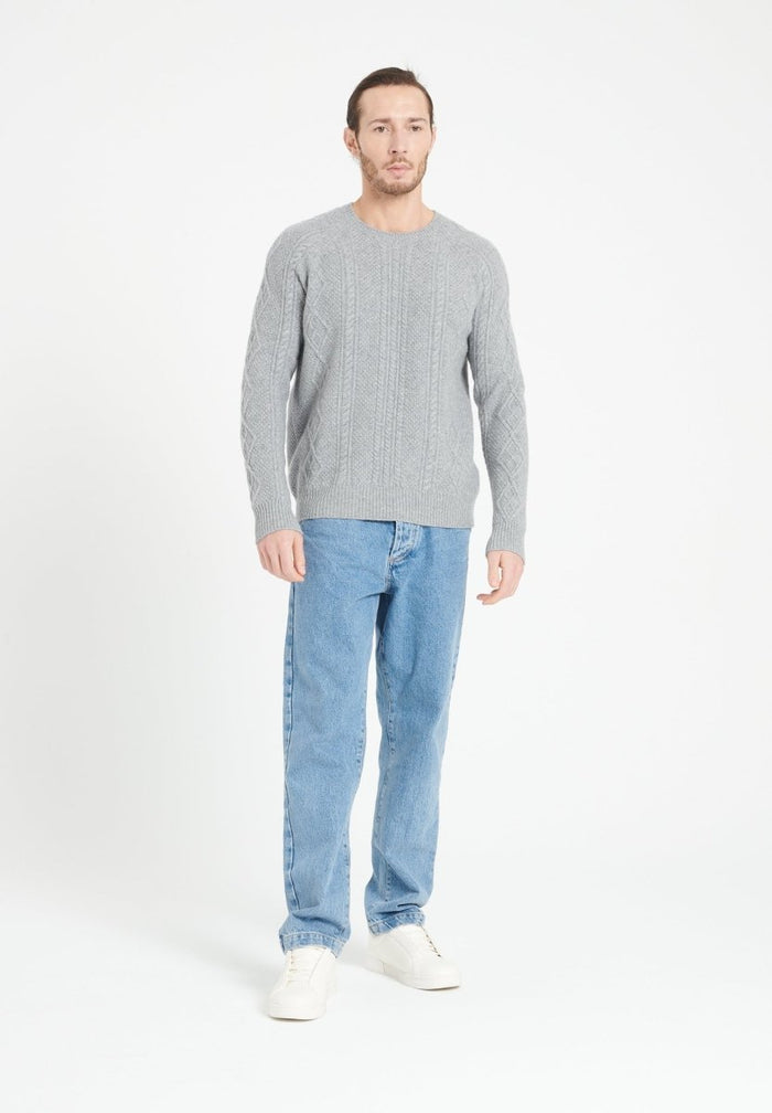 ZACH 1 Pull col rond en cachemire à mailles torsadées 6 fils gris clair