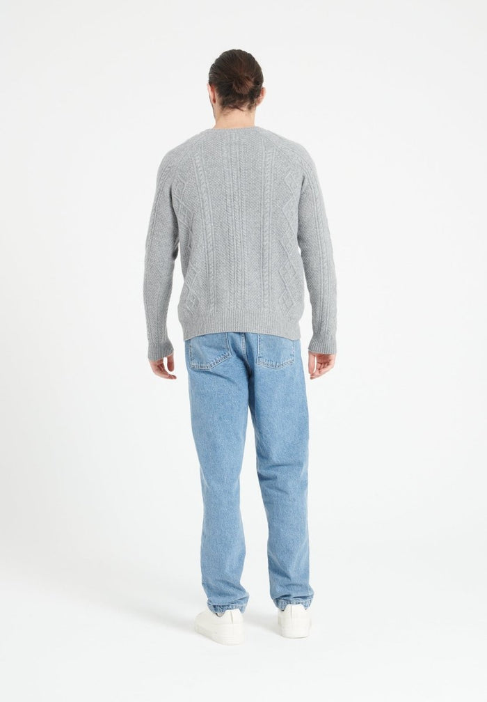 ZACH 1 Pull col rond en cachemire à mailles torsadées 6 fils gris clair