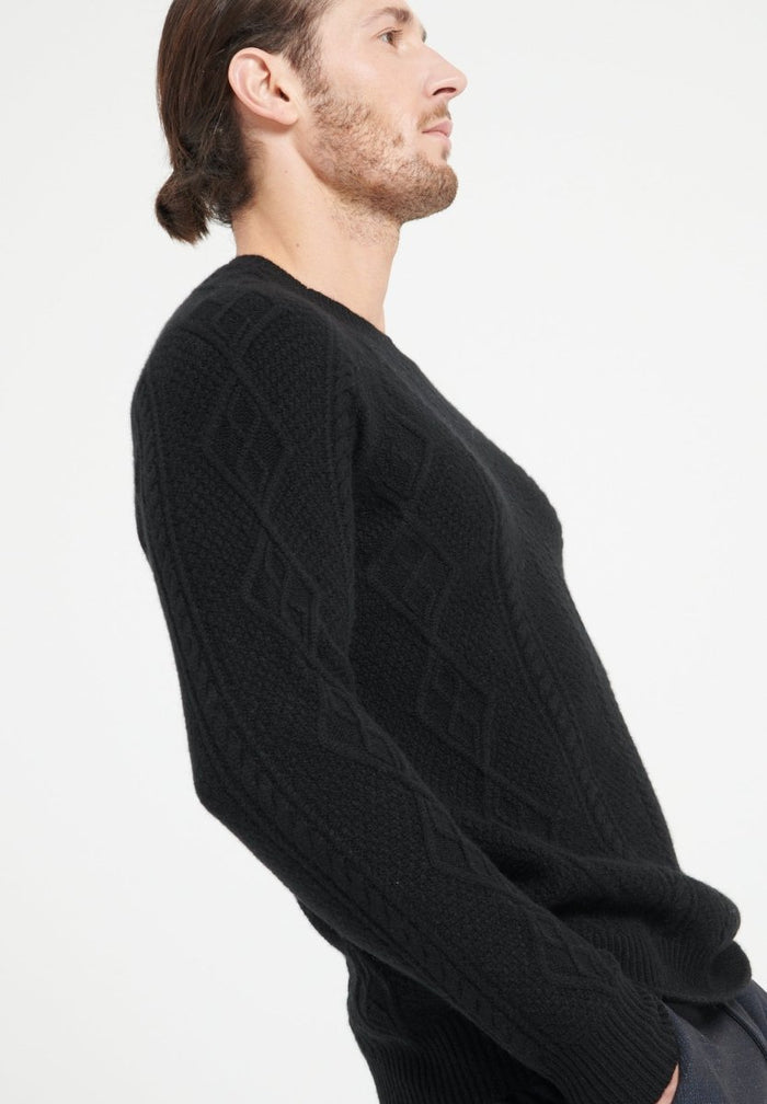 ZACH 1 Pull col rond en cachemire à mailles torsadées 6 fils noir
