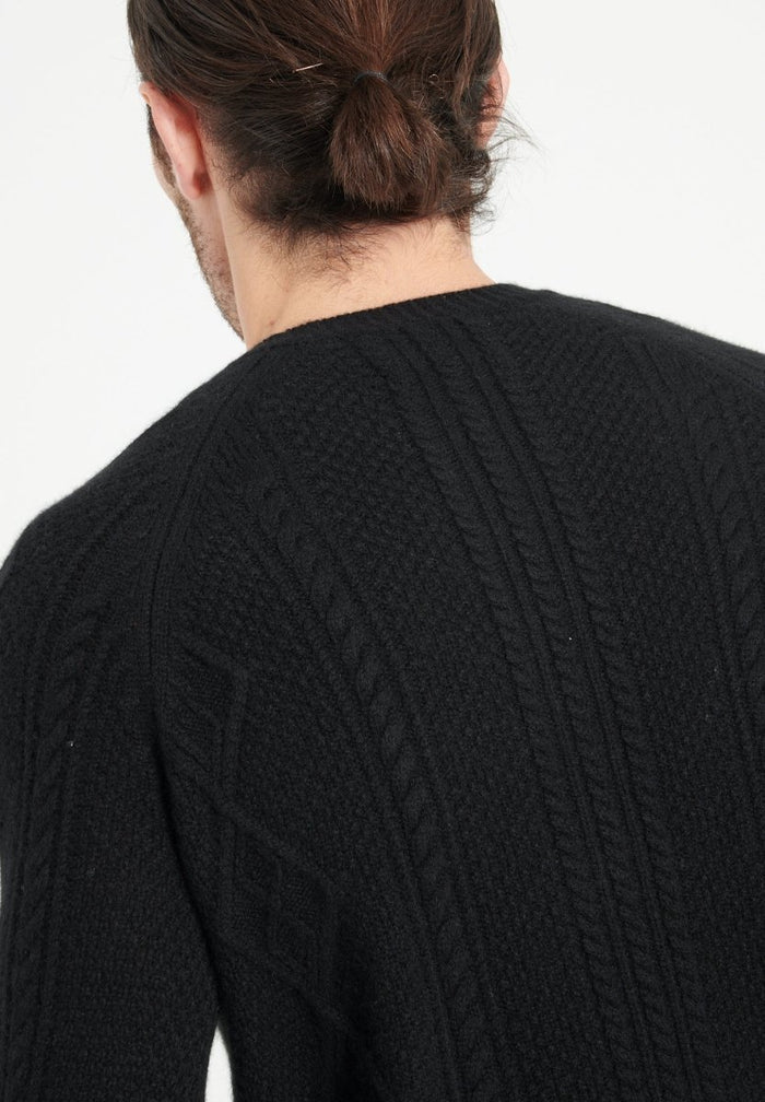 ZACH 1 Pull col rond en cachemire à mailles torsadées 6 fils noir