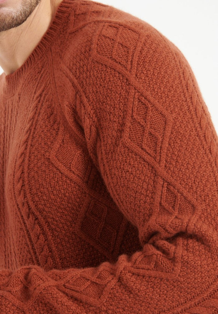 ZACH 1 Pull col rond en cachemire à mailles torsadées 6 fils terracotta