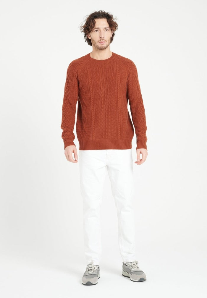 ZACH 1 Pull col rond en cachemire à mailles torsadées 6 fils terracotta