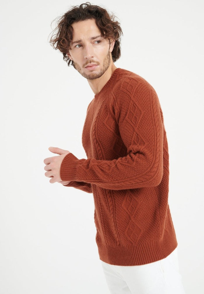 ZACH 1 Pull col rond en cachemire à mailles torsadées 6 fils terracotta