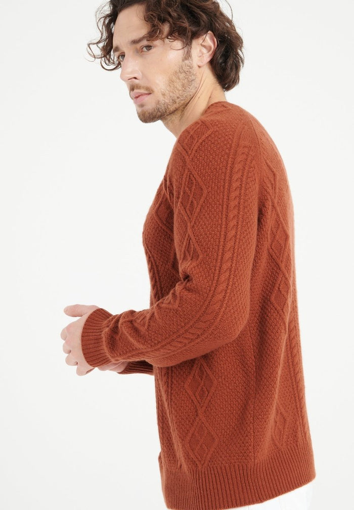 ZACH 1 Pull col rond en cachemire à mailles torsadées 6 fils terracotta