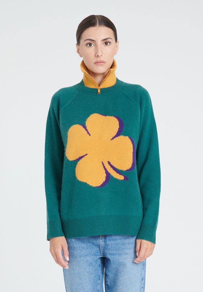 ZAYA 10 Pull col rond à manches raglan en cachemire jacquard trèfle 4 fils vert foncé