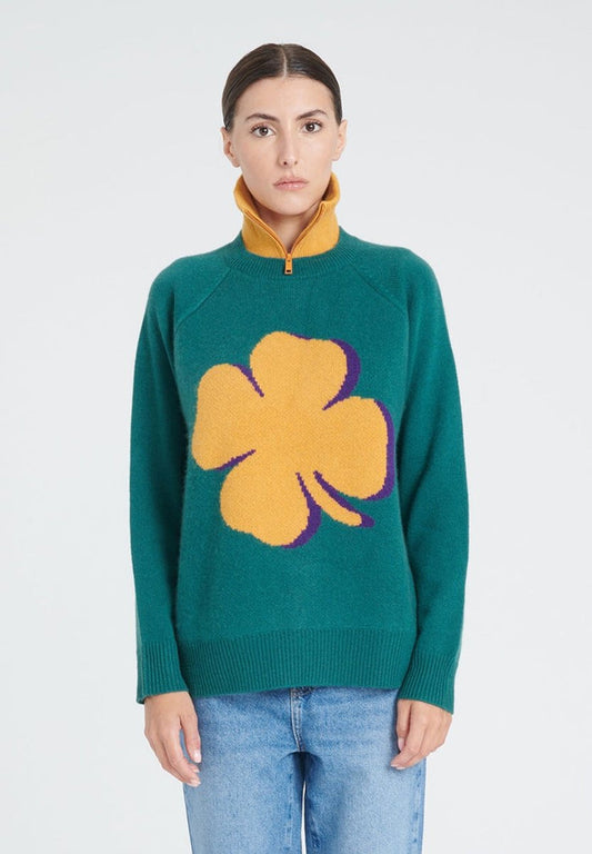 ZAYA 10 Pull col rond à manches raglan en cachemire jacquard trèfle 4 fils vert foncé