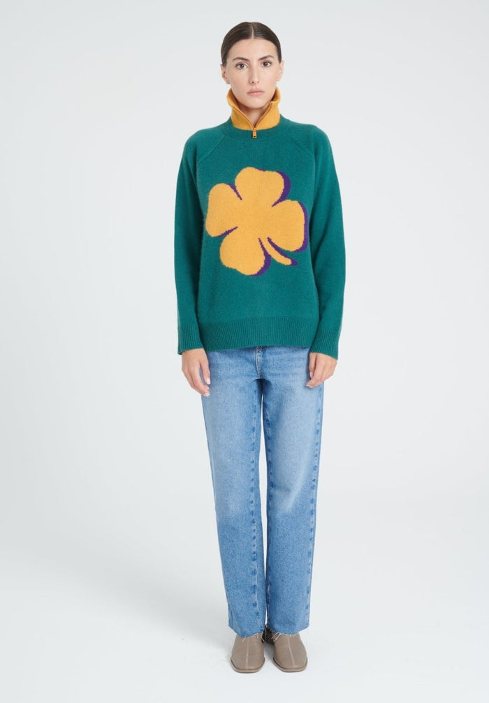 ZAYA 10 Pull col rond à manches raglan en cachemire jacquard trèfle 4 fils vert foncé