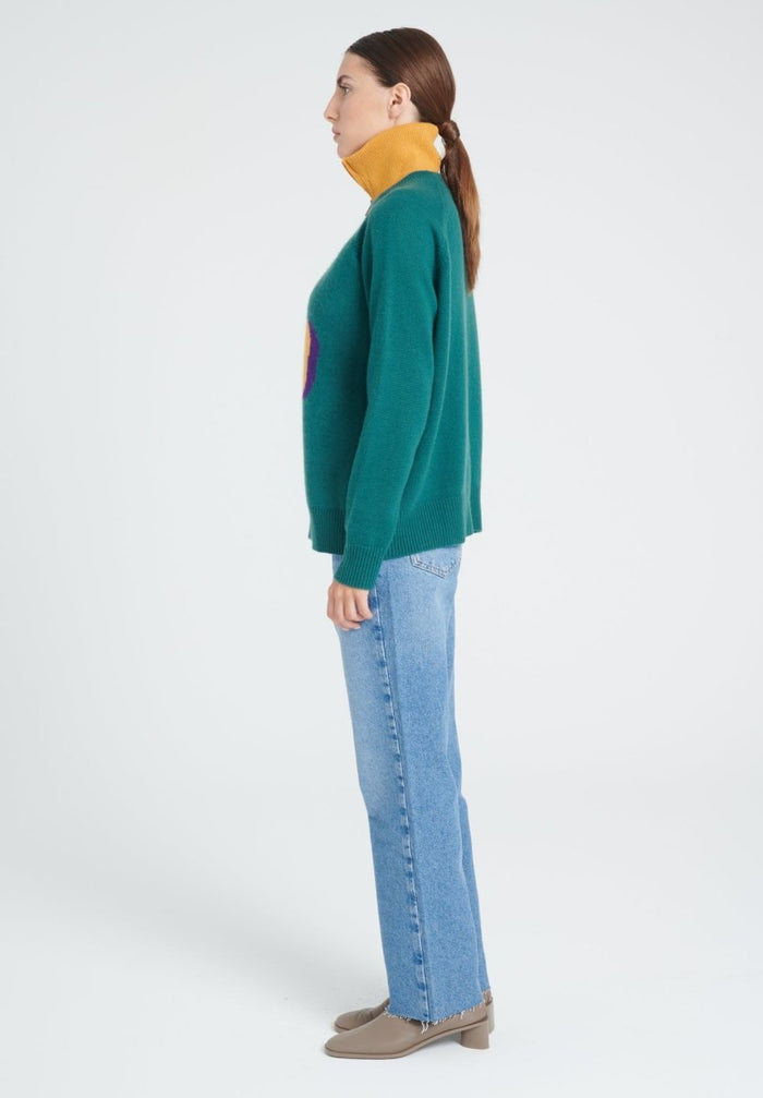 ZAYA 10 Pull col rond à manches raglan en cachemire jacquard trèfle 4 fils vert foncé