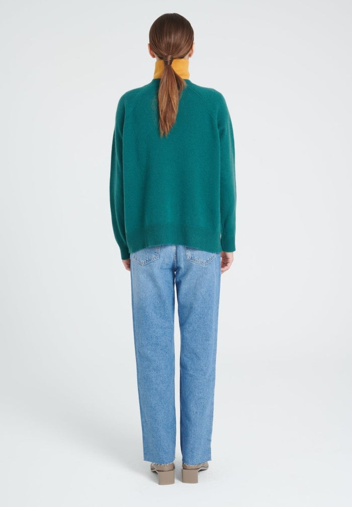 ZAYA 10 Pull col rond à manches raglan en cachemire jacquard trèfle 4 fils vert foncé