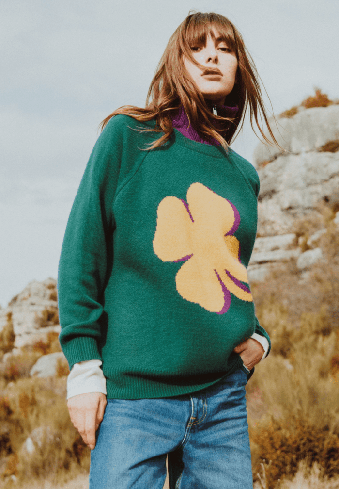 ZAYA 10 Pull col rond à manches raglan en cachemire jacquard trèfle 4 fils vert foncé