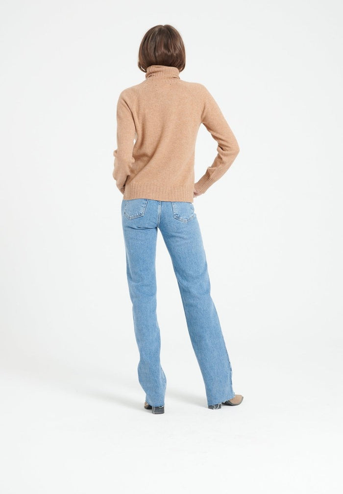 LILLY 22 Pull col roulé en cachemire à manches raglan camel