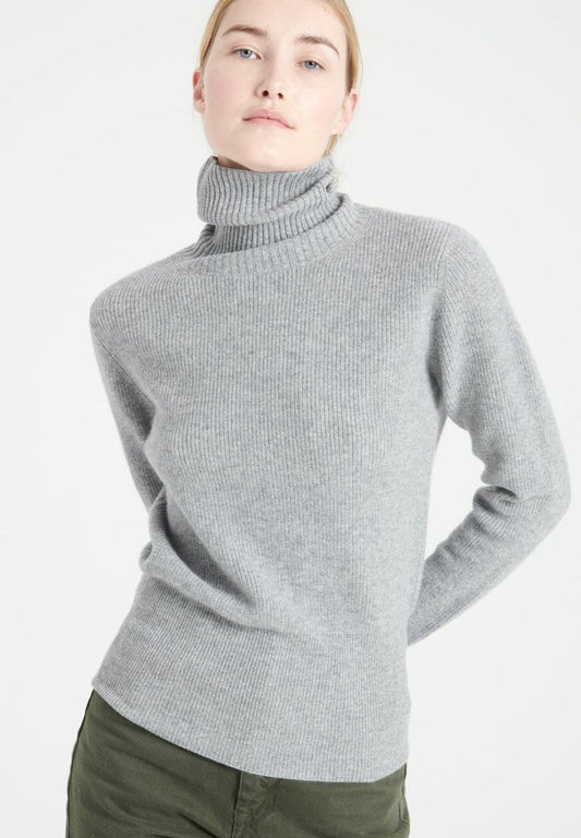 LILLY 21 Pull col roulé en cachemire à mailles côtelées gris clair