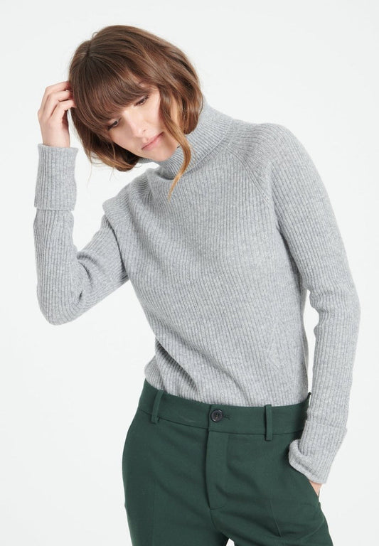 MIA 5 Pull col roulé en cachemire à mailles côtelées gris clair