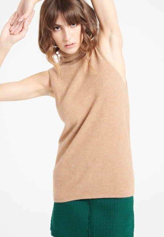 LILLY 13 Pull col roulé sans manches en cachemire camel