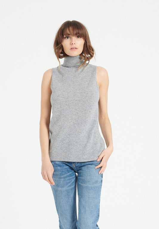 Pull col roulé sans manches cachemire gris clair femme - LILLY 13