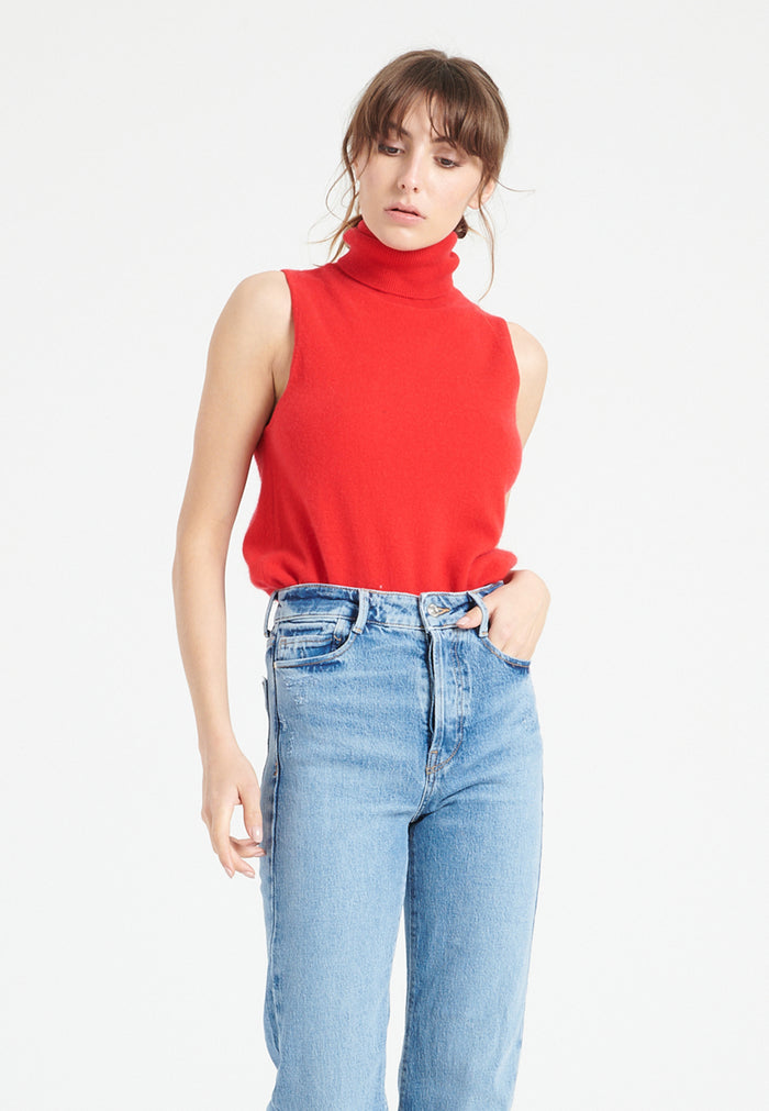 Pull col roulé sans manches femme en cachemire rouge - LILLY 13