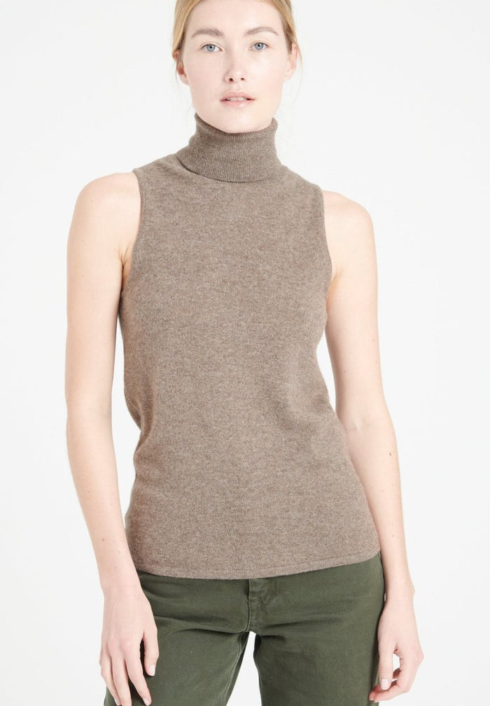 LILLY 13 Pull col roulé sans manches en cachemire taupe