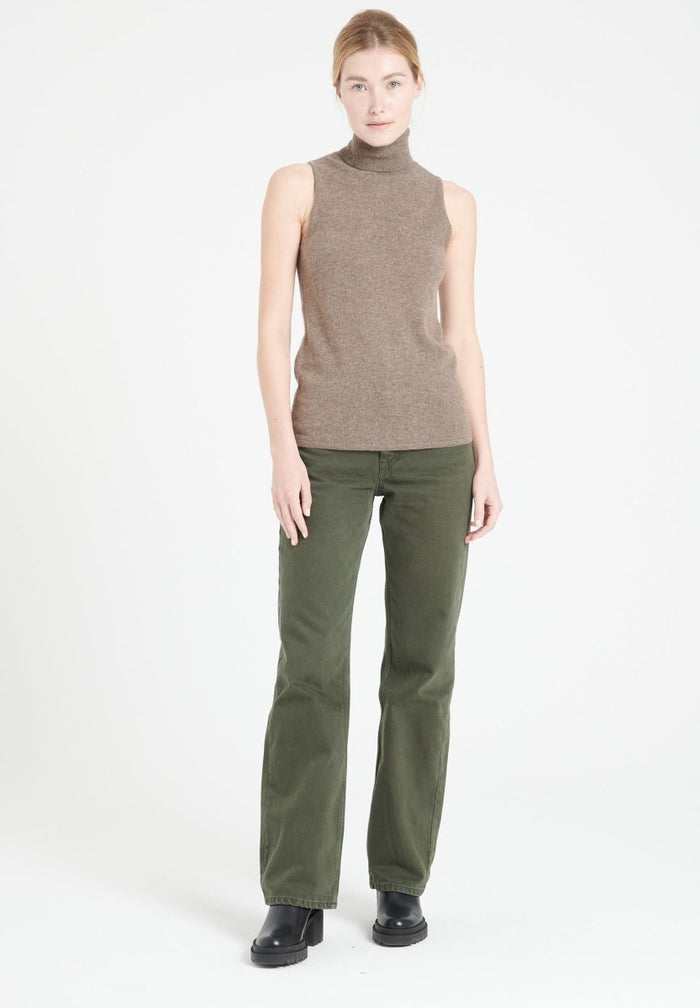 LILLY 13 Pull col roulé sans manches en cachemire taupe