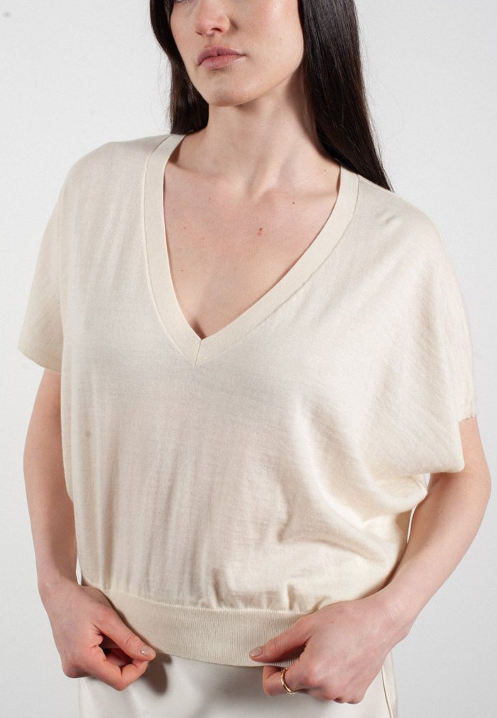 Pull col V à manches chauve souris femme en cachemire & laine ultrafin blanc - KELLY 6