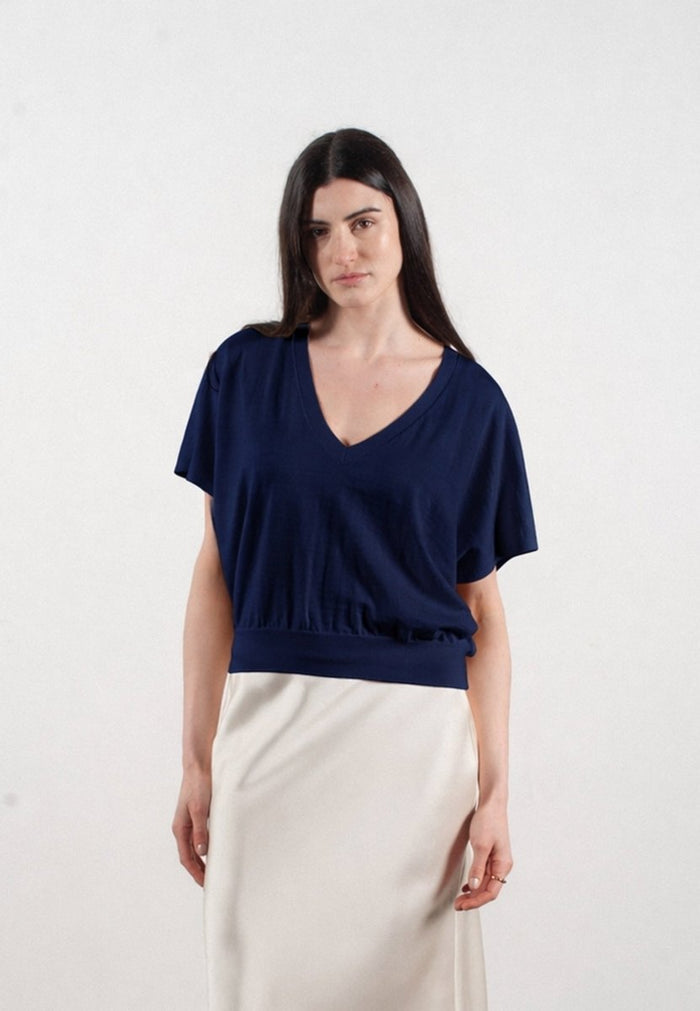 Pull col V à manches chauve souris femme en cachemire & laine ultrafin bleu marine - KELLY 6