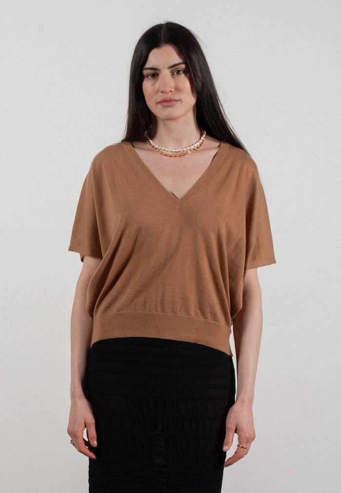 Pull col V à manches chauve souris femme en cachemire & laine ultrafin camel - KELLY 6