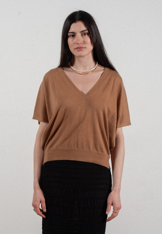 Pull col V à manches chauve souris femme en cachemire & laine ultrafin camel - KELLY 6