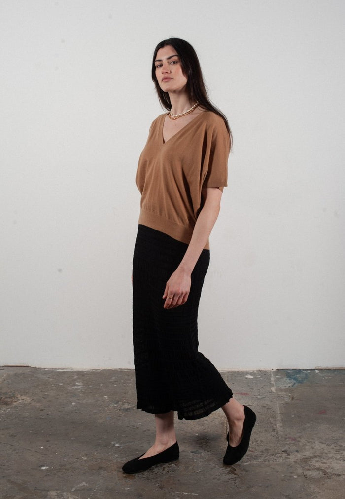 Pull col V à manches chauve souris femme en cachemire & laine ultrafin camel - KELLY 6