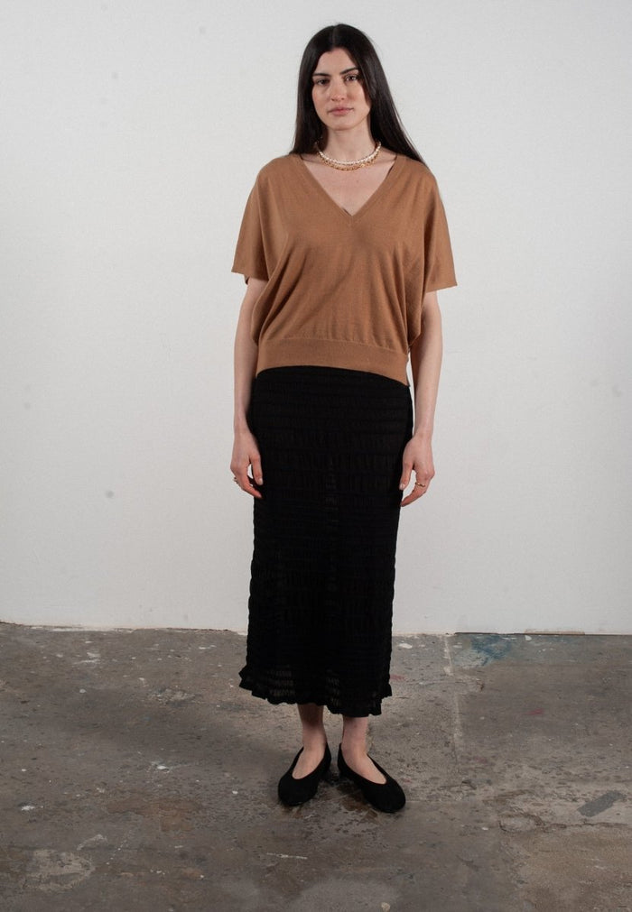 Pull col V à manches chauve souris femme en cachemire & laine ultrafin camel - KELLY 6