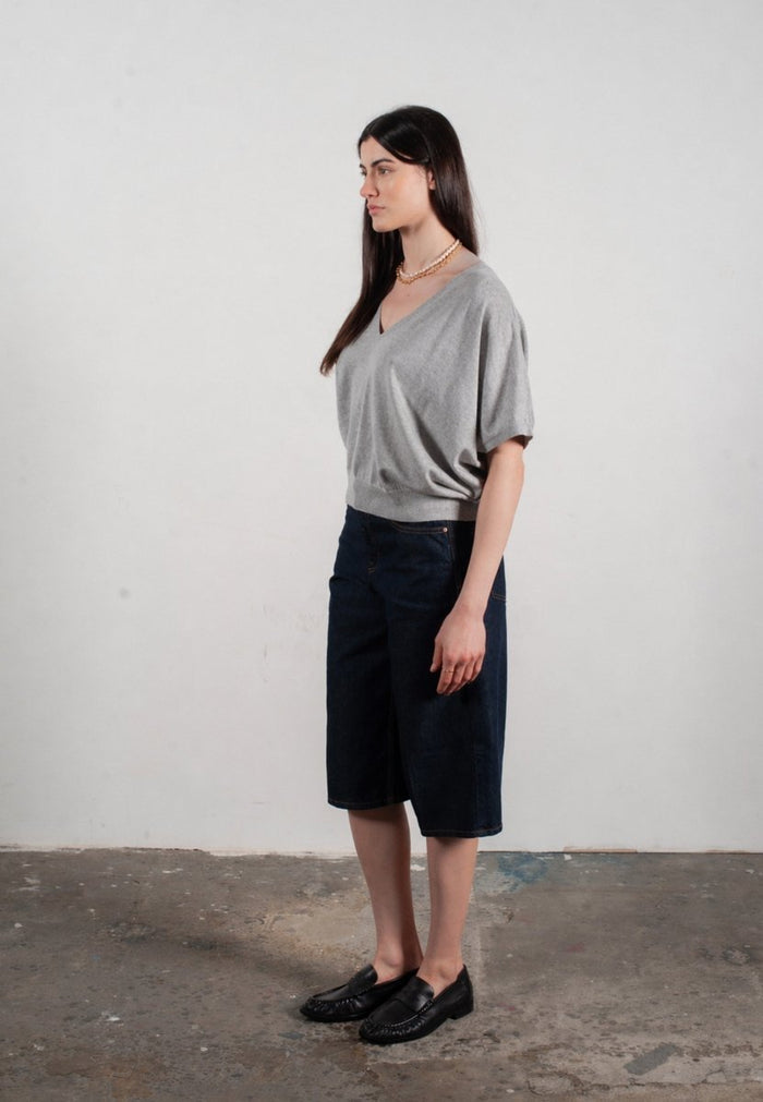 Pull col V à manches chauve souris femme en cachemire & laine ultrafin gris - KELLY 6
