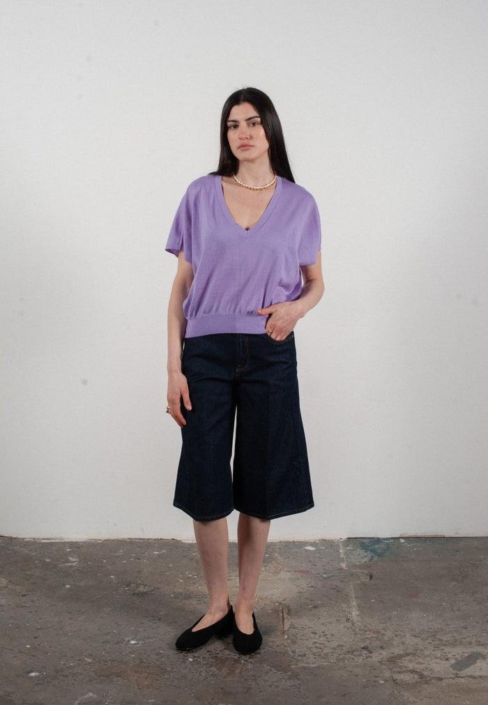Pull col V à manches chauve souris femme en cachemire & laine ultrafin lavande - KELLY 6