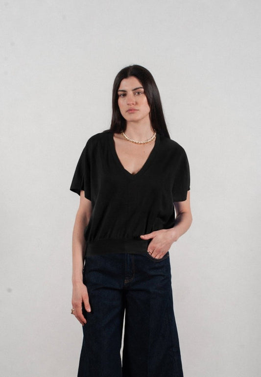 Pull col V à manches chauve souris femme en cachemire & laine ultrafin noir - KELLY 6