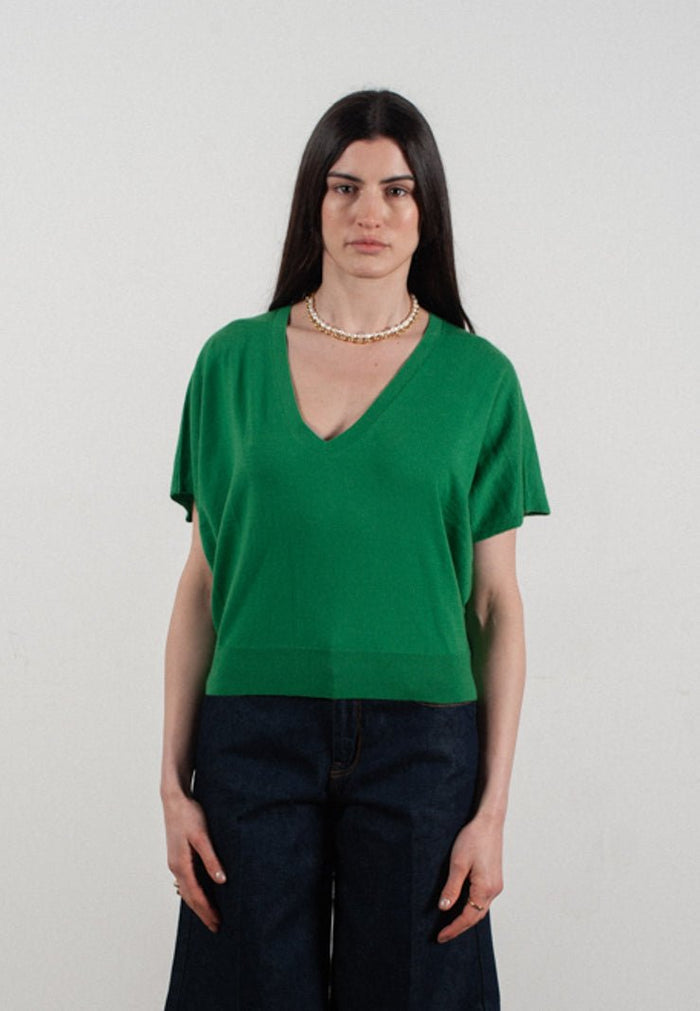 Pull col V à manches chauve souris femme en cachemire & laine ultrafin vert - KELLY 6