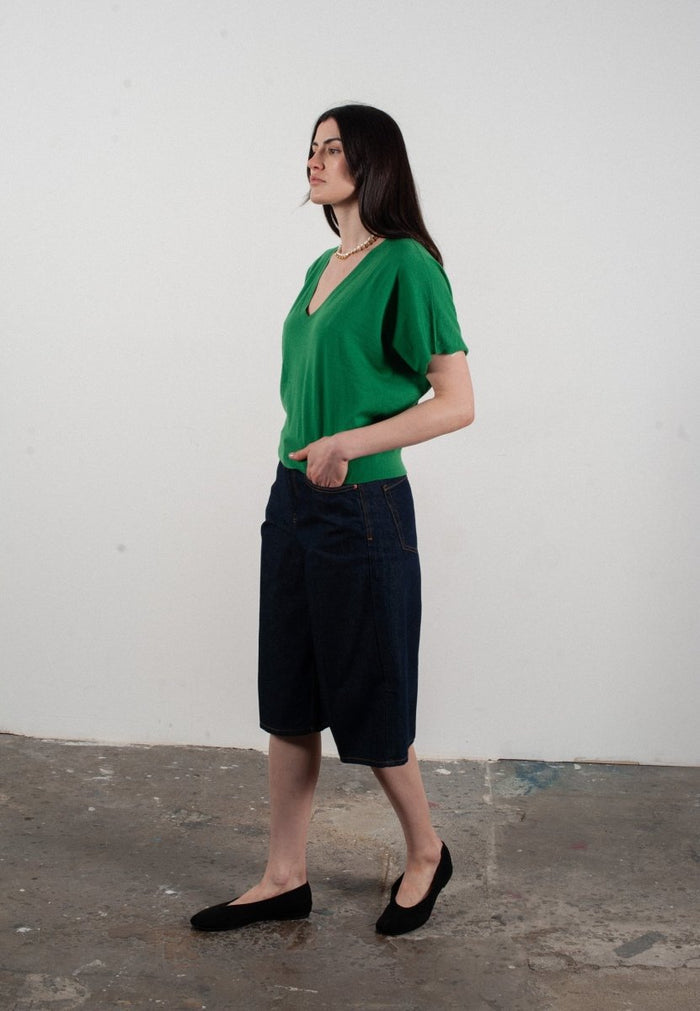 Pull col V à manches chauve souris femme en cachemire & laine ultrafin vert - KELLY 6