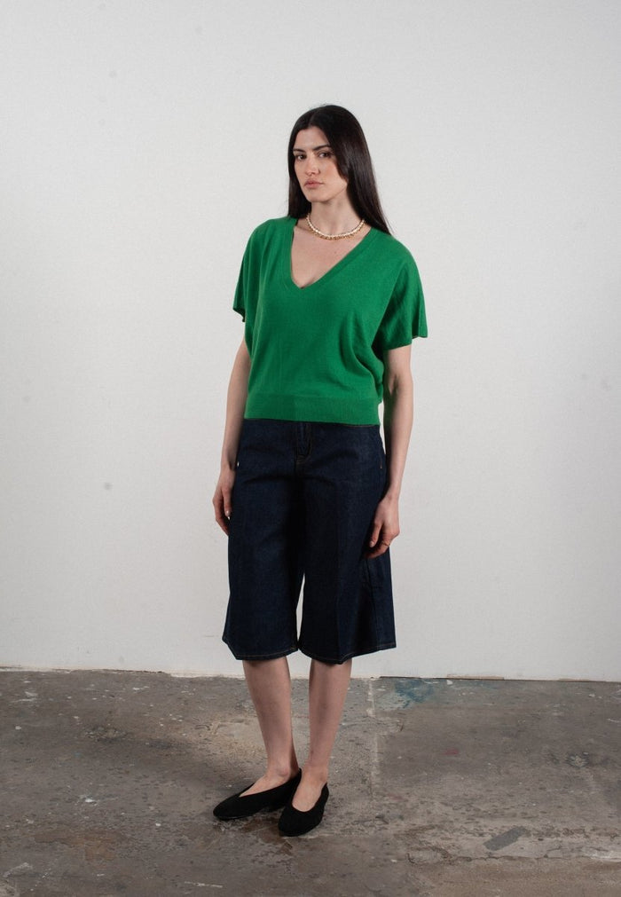 Pull col V à manches chauve souris femme en cachemire & laine ultrafin vert - KELLY 6