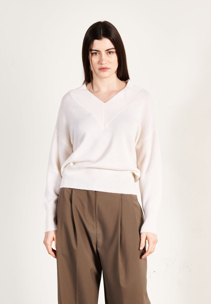 Pull col V cachemire 4 fils écru femme - HANA 12