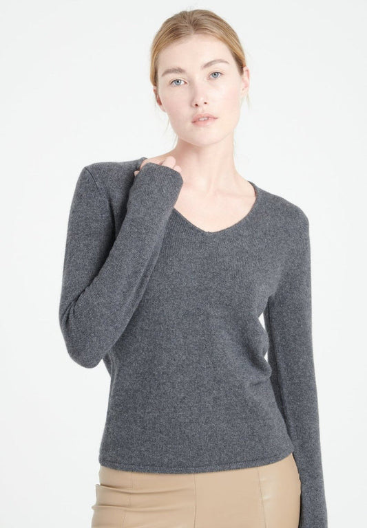 LILLY 20 Pull col V en cachemire 4 fils gris anthracite