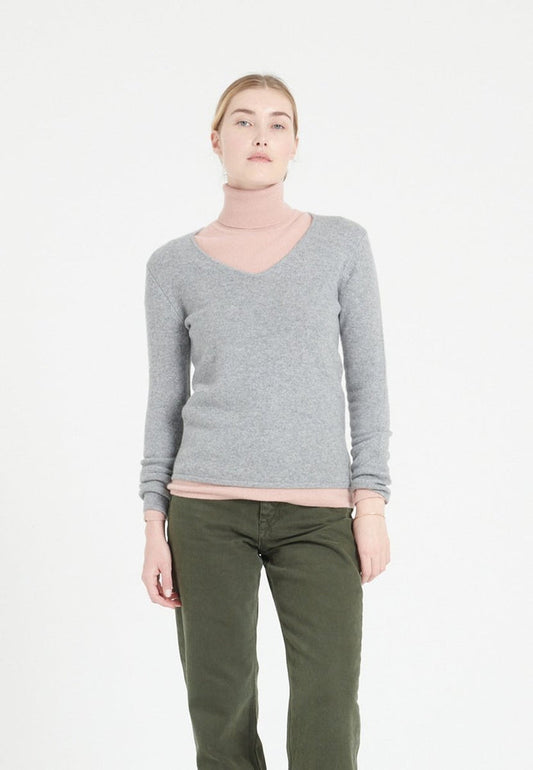 Pull col V cachemire 4 fils gris clair femme - LILLY 20