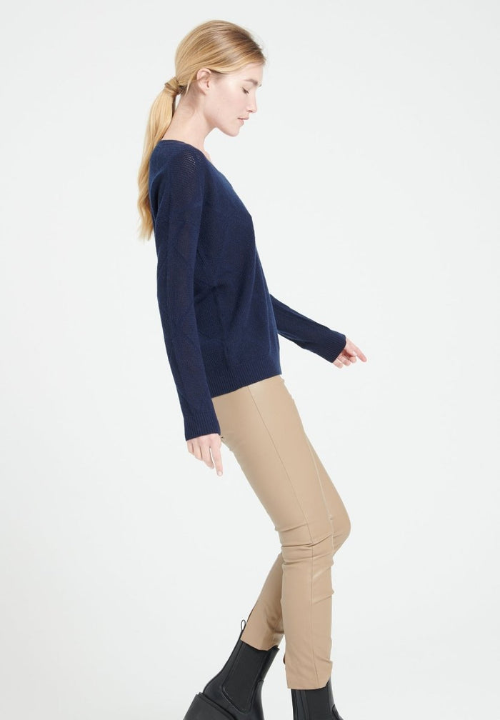 LILLY 31 Pull col V en cachemire à mailles pointelles bleu marine