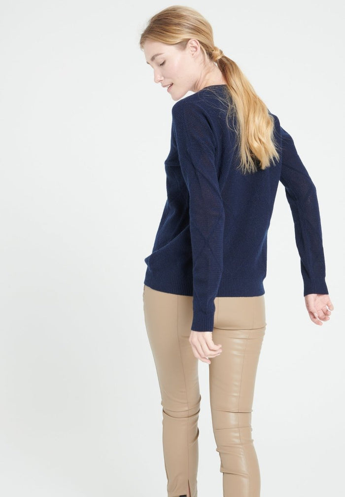 LILLY 31 Pull col V en cachemire à mailles pointelles bleu marine