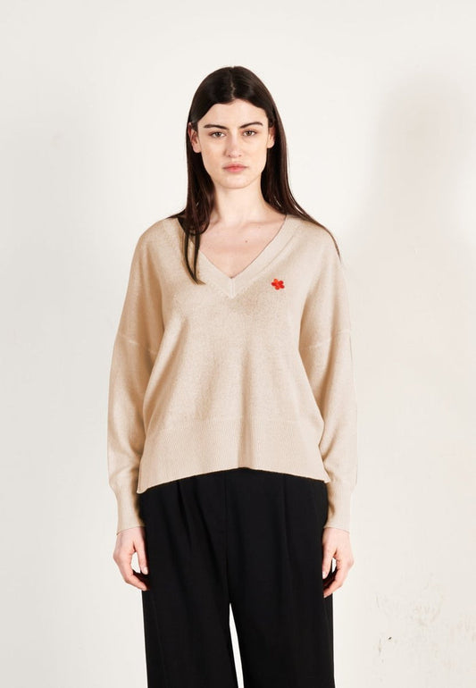 Pull col V cachemire beige femme - HANA 1