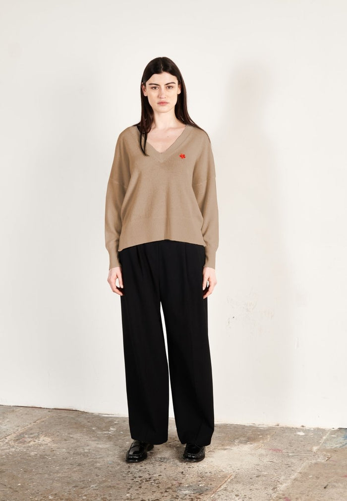 Pull col V cachemire beige foncé femme - HANA 1
