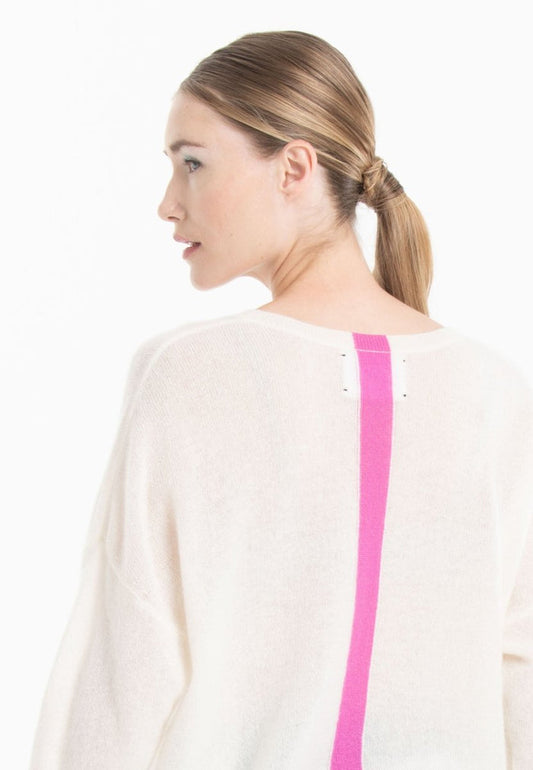 Pull col V cachemire blanc écru/rose barbie femme - NAMI 23