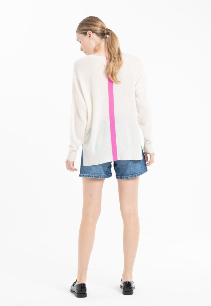 Pull col V cachemire blanc écru/rose barbie femme - NAMI 23