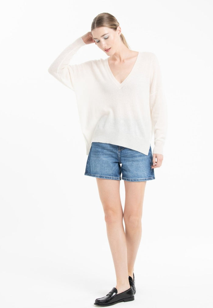 Pull col V cachemire blanc écru/rose barbie femme - NAMI 23