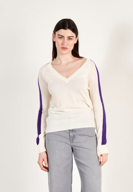 Pull col V cachemire écru/violet femme - RIA 1