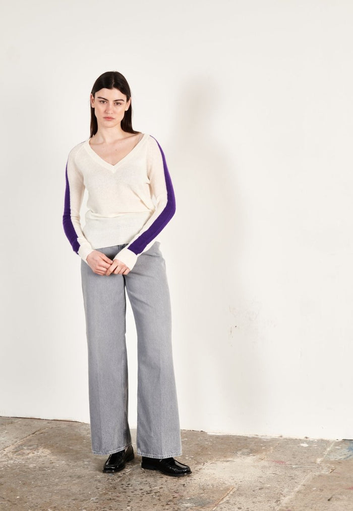 Pull col V cachemire écru/violet femme - RIA 1