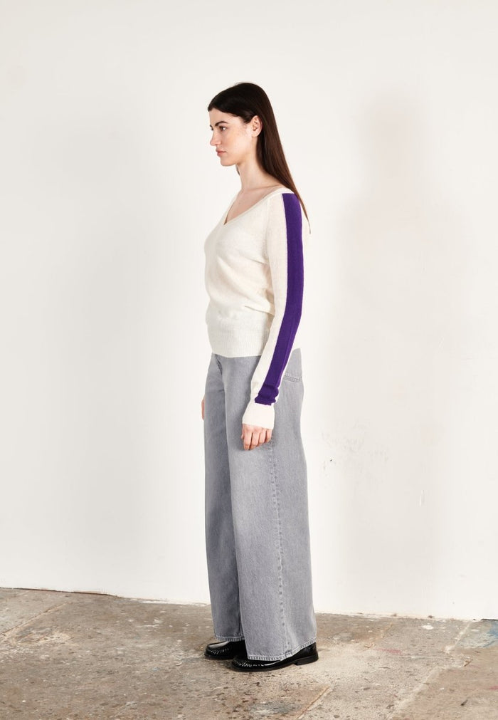 Pull col V cachemire écru/violet femme - RIA 1