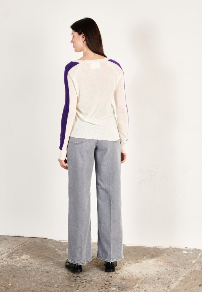 Pull col V cachemire écru/violet femme - RIA 1
