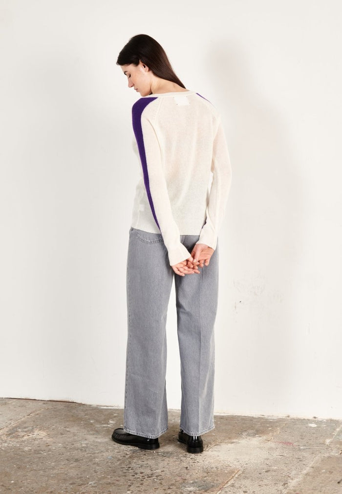 Pull col V cachemire écru/violet femme - RIA 1